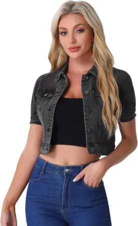 Allegra K Casual Jacket for Women's Short Sleeves Crop Jean Denim Jacket