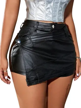 Avanova Women Faux Leather Slit Split Mini Skort High Rise Bodycon Short Skirt
