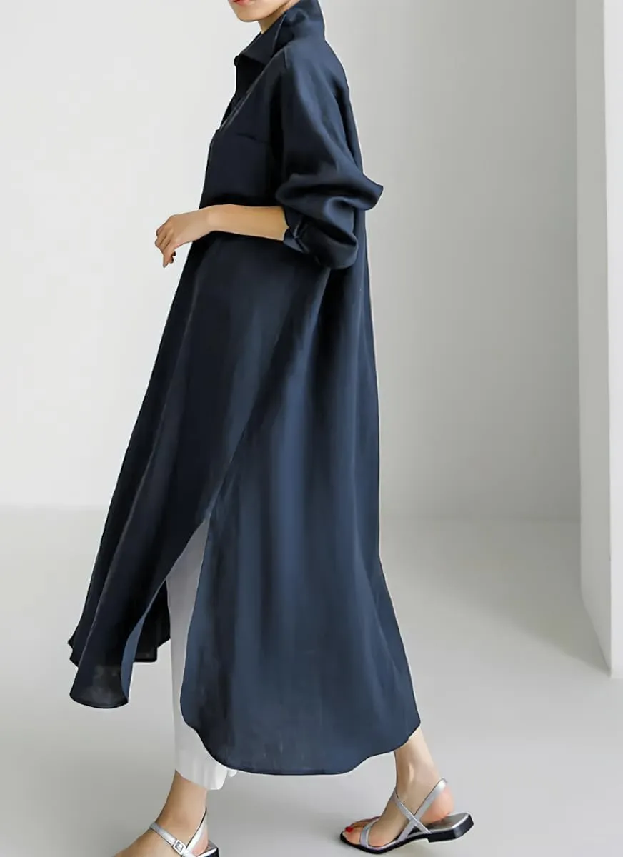 chouyatou Women's Spring Button Down Cotton Shirt Dress Summer Flowy Side Slit Maxi Shift Dress