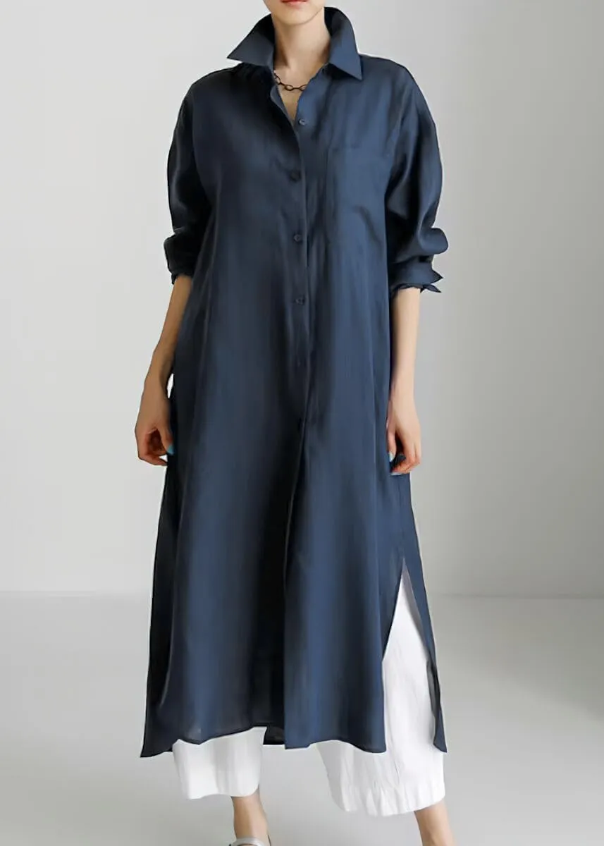 chouyatou Women's Spring Button Down Cotton Shirt Dress Summer Flowy Side Slit Maxi Shift Dress
