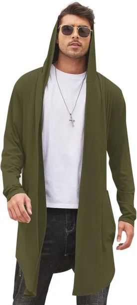 COOFANDY Men's Long Hooded Cardigan Shawl Collar Lightweight Open Front Drape Cape Overcoat with Pockets