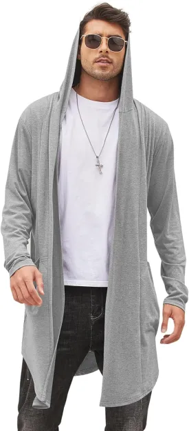 COOFANDY Men's Long Hooded Cardigan Shawl Collar Lightweight Open Front Drape Cape Overcoat with Pockets
