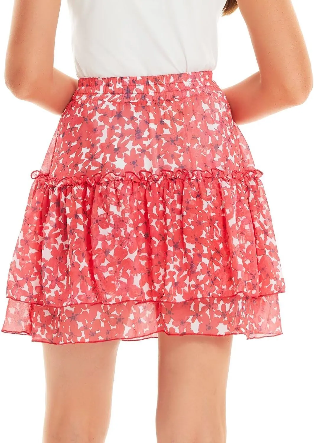 DIASHINY Women's Boho Printed High Waist Layered Ruffle A Line Swing Mini Skirt