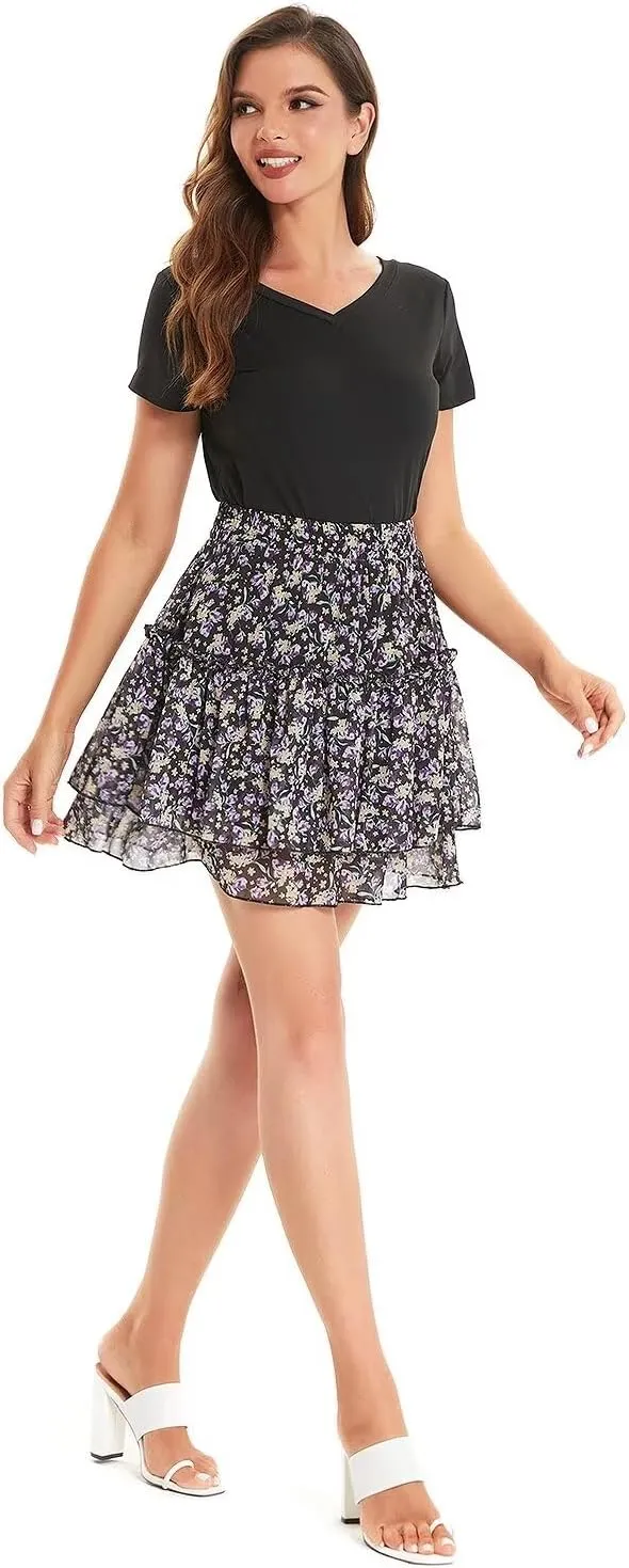 DIASHINY Women's Boho Printed High Waist Layered Ruffle A Line Swing Mini Skirt