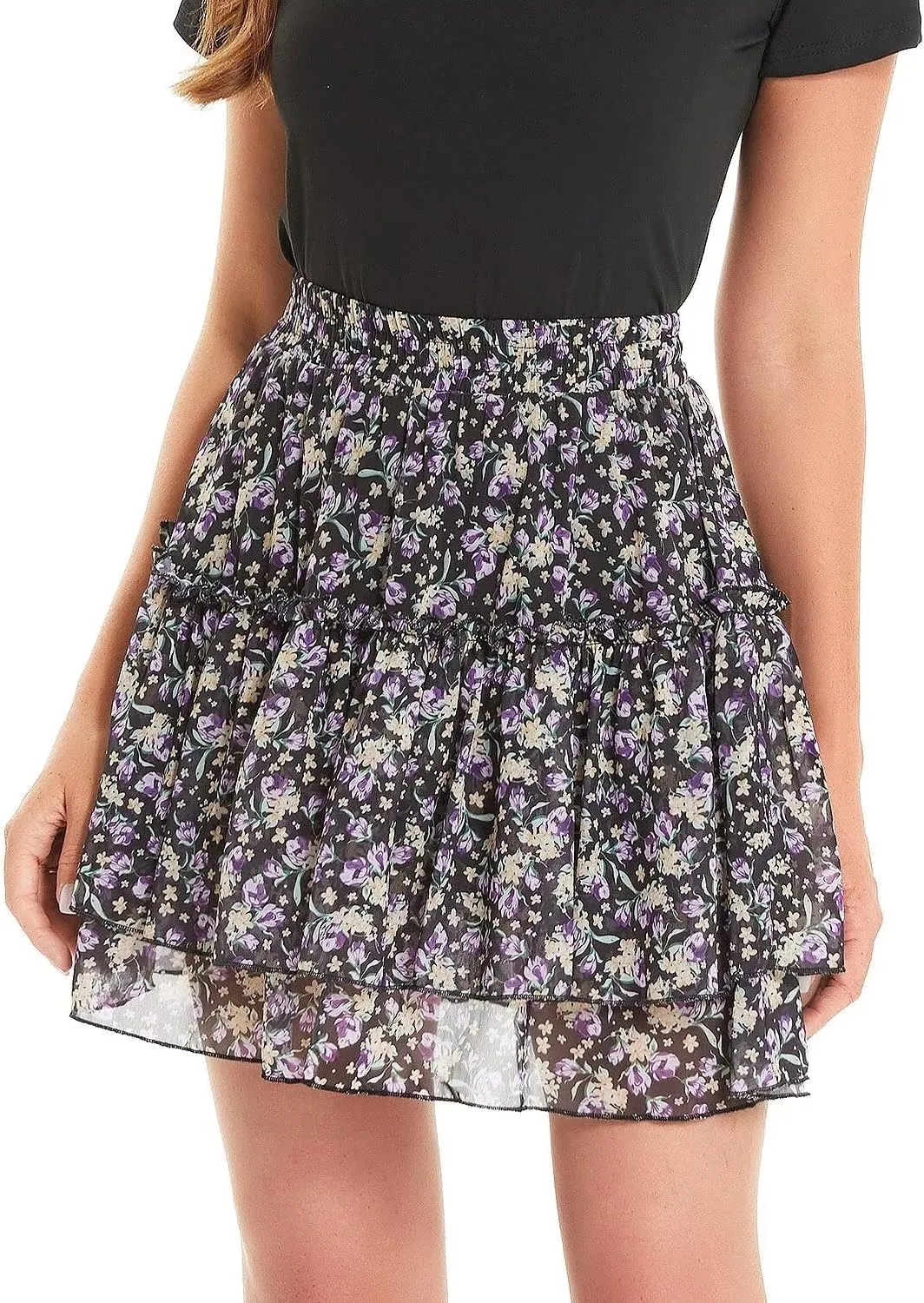 DIASHINY Women's Boho Printed High Waist Layered Ruffle A Line Swing Mini Skirt
