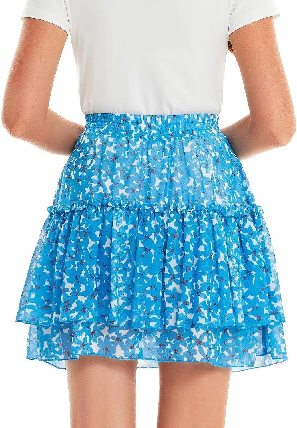 DIASHINY Women's Boho Printed High Waist Layered Ruffle A Line Swing Mini Skirt
