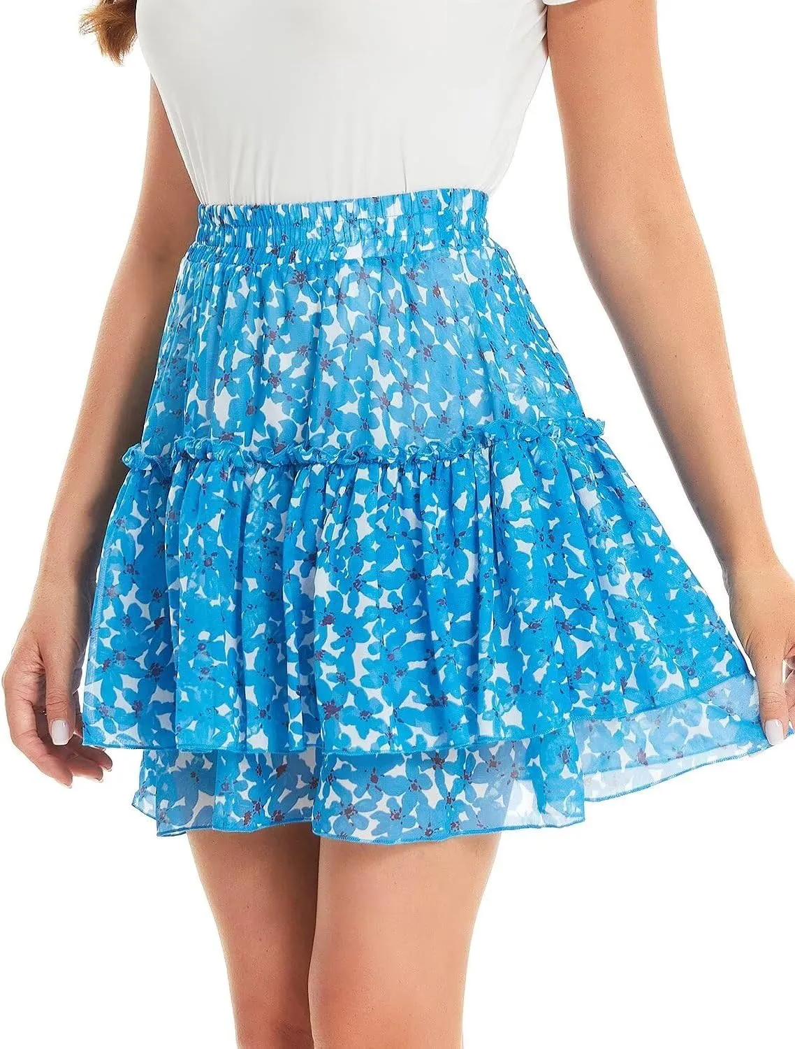 DIASHINY Women's Boho Printed High Waist Layered Ruffle A Line Swing Mini Skirt