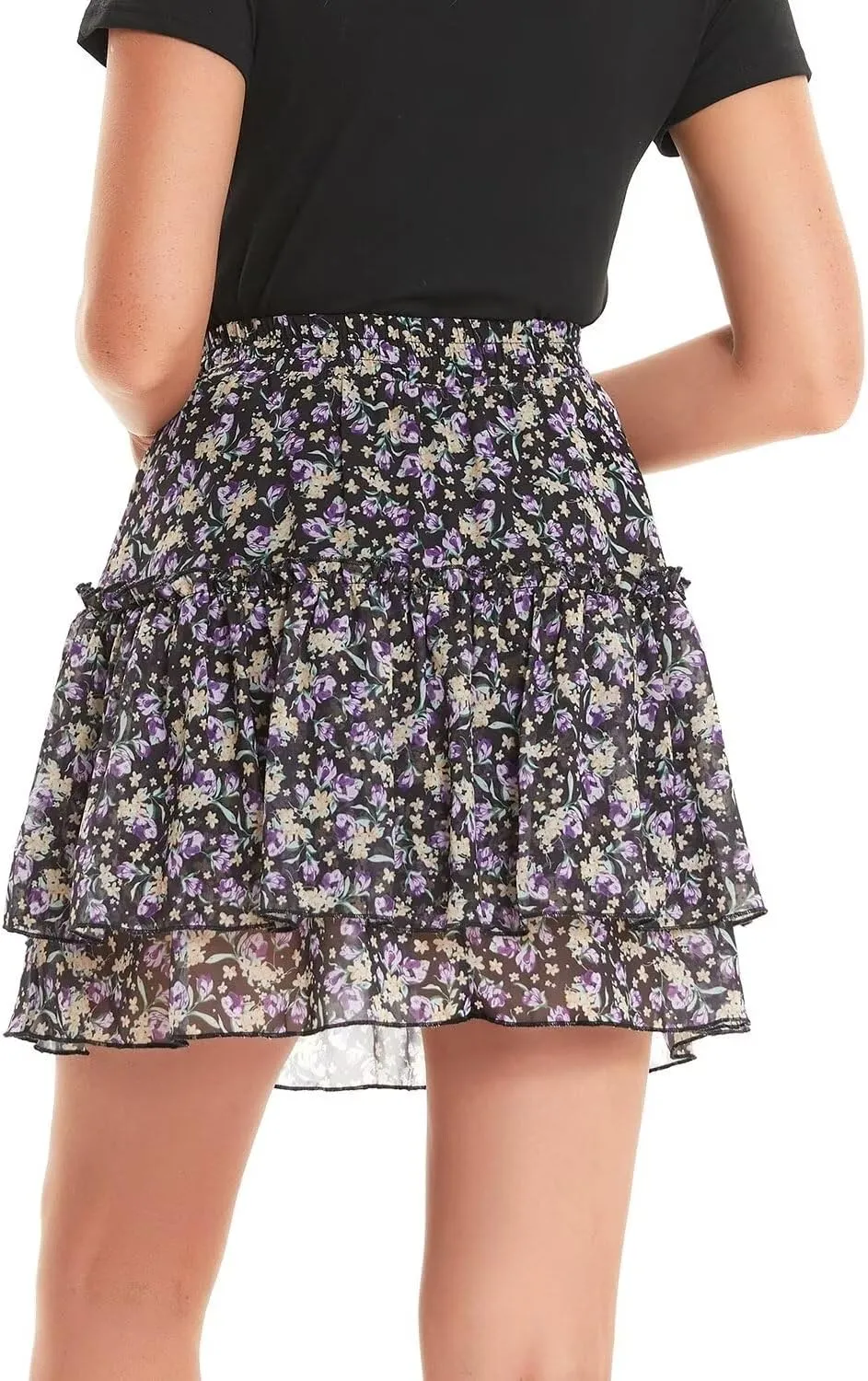 DIASHINY Women's Boho Printed High Waist Layered Ruffle A Line Swing Mini Skirt