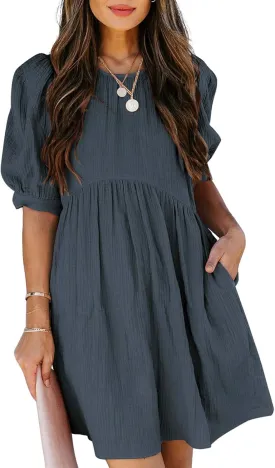 Dokotoo Womens 2025 Spring Summer Crewneck Puff Sleeve Babydoll Elegant Empire Waist Mini Swing Skater Dresses with Pockets