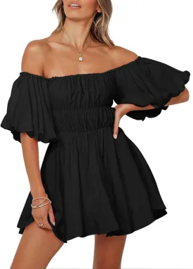 Dokotoo Womens Off The Shoulder Summer Dresses 2025 Short Lantern Sleeve Ruffle Elastic Waist A-Line Casual Mini Dress