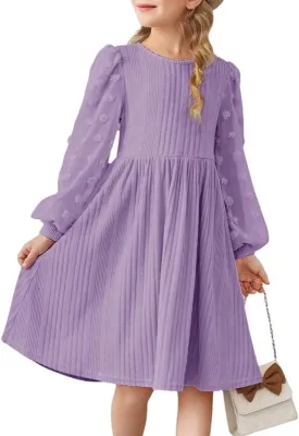 Girls Fall Long Sleeve Knit Dresses Casual Crewneck Swiss Dot A-line Dress 6-15 Years