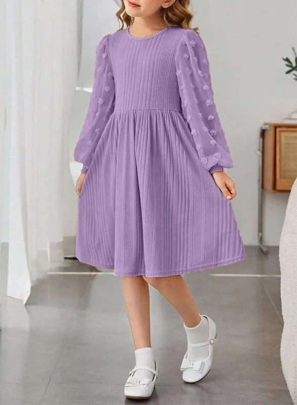 Girls Fall Long Sleeve Knit Dresses Casual Crewneck Swiss Dot A-line Dress 6-15 Years