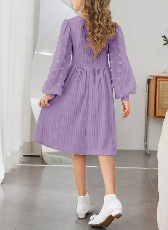 Girls Fall Long Sleeve Knit Dresses Casual Crewneck Swiss Dot A-line Dress 6-15 Years