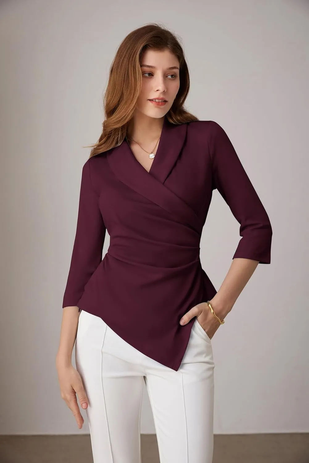 GRACE KARIN Women's V Neck Casual Work Tops 3/4 Sleeve Office Dressy Blouse Asymmetrical Elegant Shirts