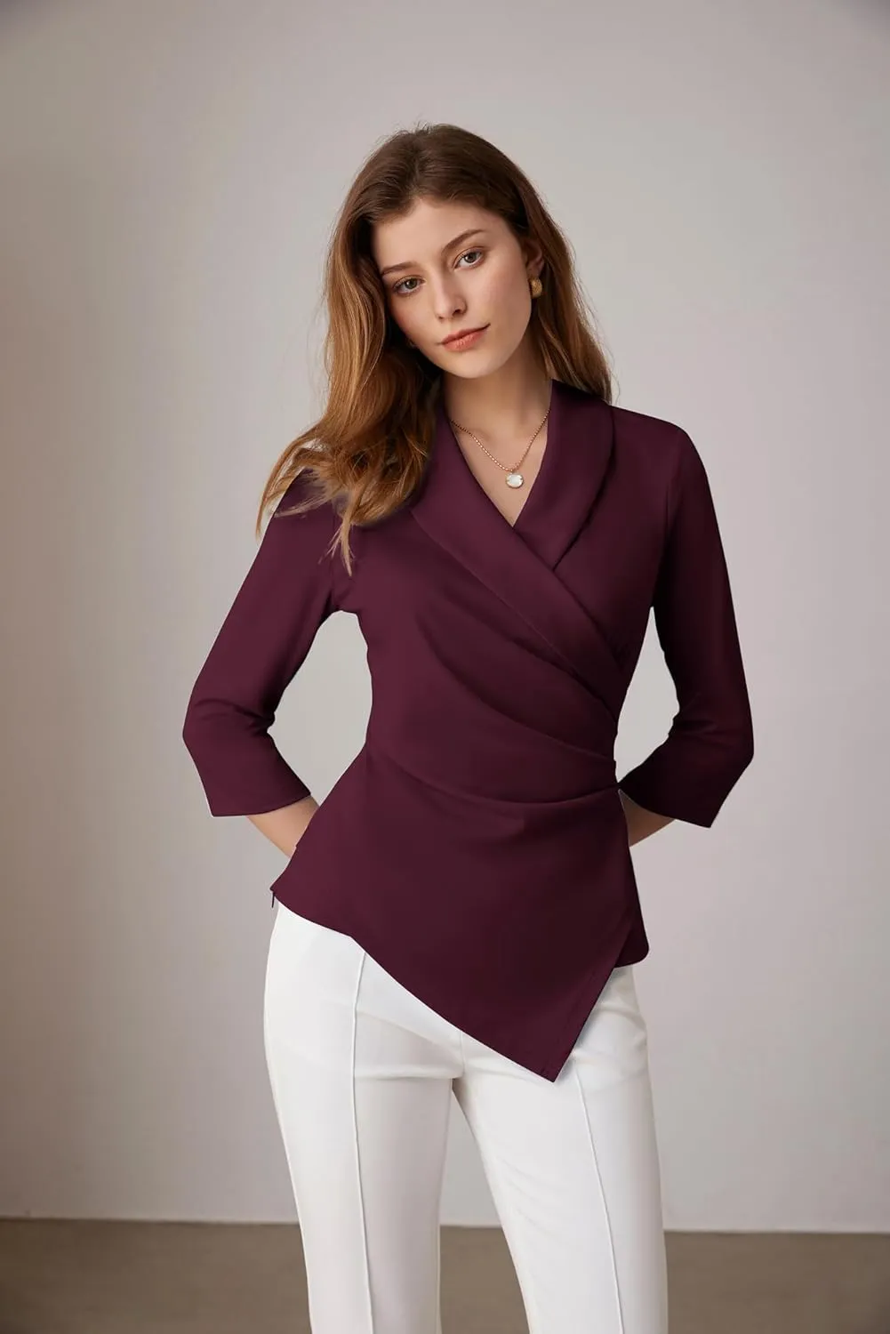 GRACE KARIN Women's V Neck Casual Work Tops 3/4 Sleeve Office Dressy Blouse Asymmetrical Elegant Shirts