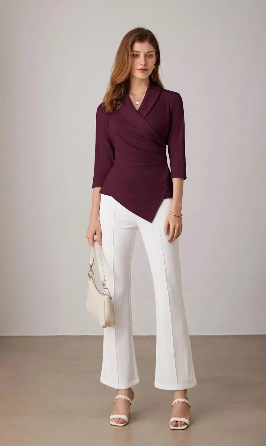GRACE KARIN Women's V Neck Casual Work Tops 3/4 Sleeve Office Dressy Blouse Asymmetrical Elegant Shirts