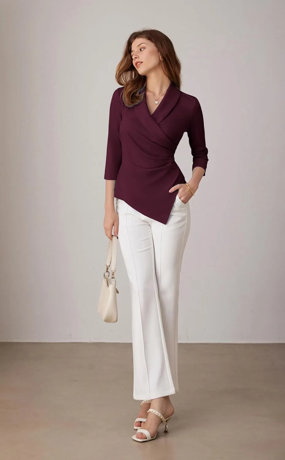 GRACE KARIN Women's V Neck Casual Work Tops 3/4 Sleeve Office Dressy Blouse Asymmetrical Elegant Shirts