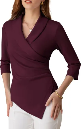 GRACE KARIN Women's V Neck Casual Work Tops 3/4 Sleeve Office Dressy Blouse Asymmetrical Elegant Shirts