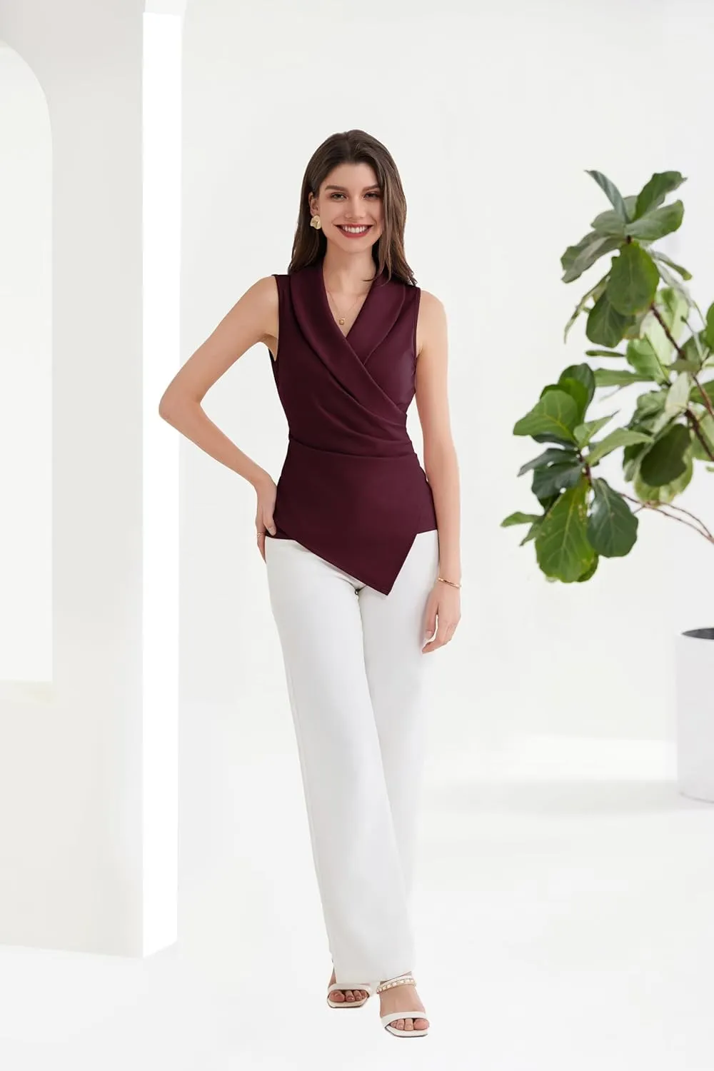 GRACE KARIN Women's Wrap V Neck Casual Work Tops Sleeveless Office Dressy Summer Blouse Asymmetrical Elegant Shirts