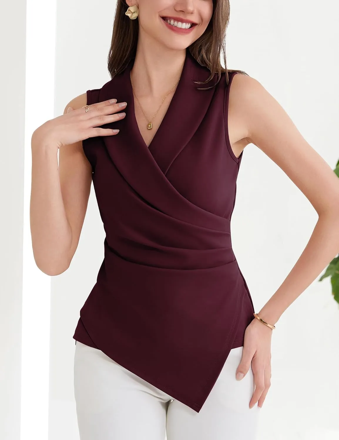 GRACE KARIN Women's Wrap V Neck Casual Work Tops Sleeveless Office Dressy Summer Blouse Asymmetrical Elegant Shirts