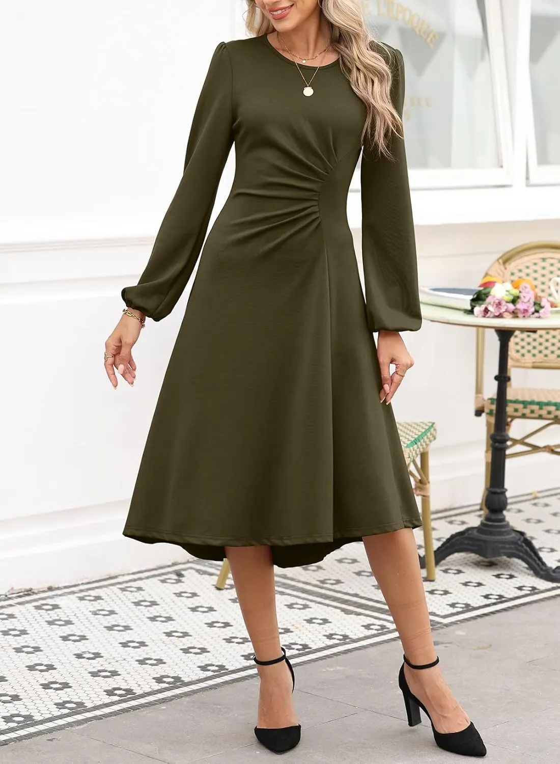 Happy Sailed Women's Long Sleeve Ruched Waist Flowy A Line High Low Midi Cocktail Party Dress