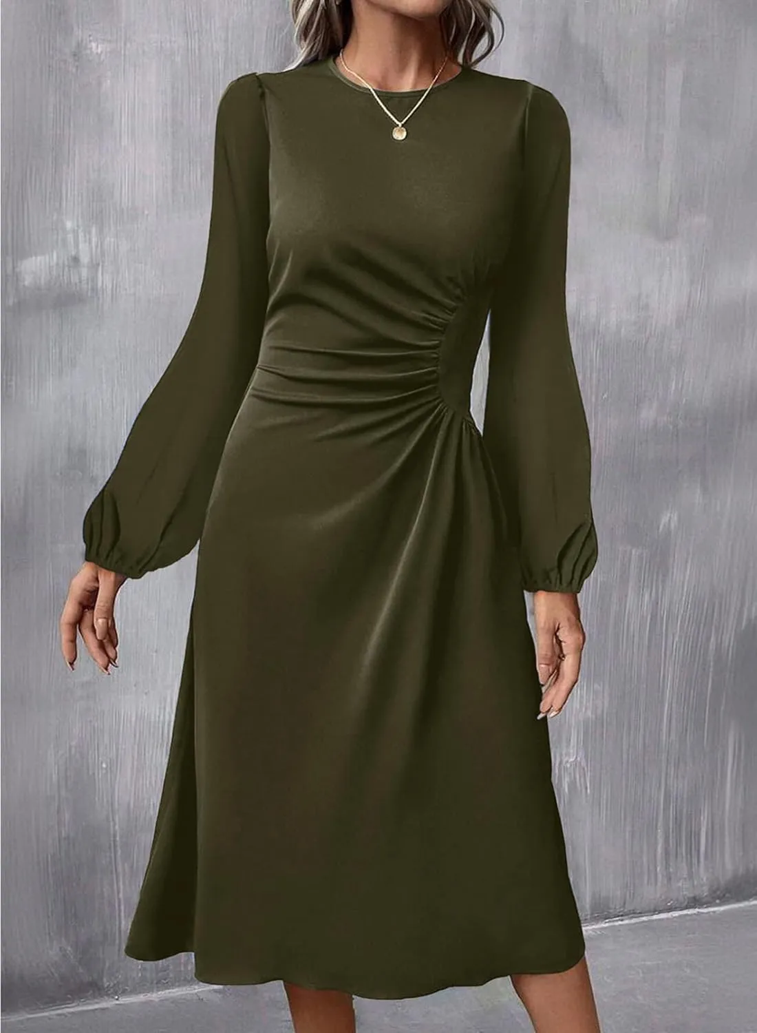 Happy Sailed Women's Long Sleeve Ruched Waist Flowy A Line High Low Midi Cocktail Party Dress