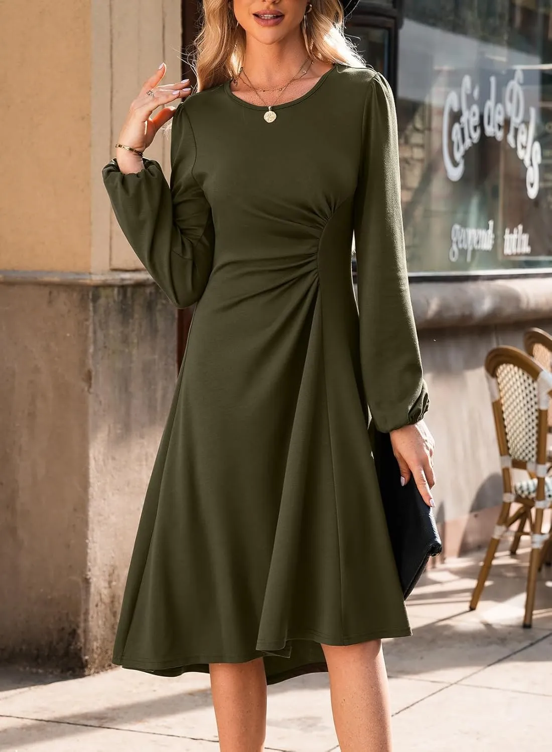 Happy Sailed Women's Long Sleeve Ruched Waist Flowy A Line High Low Midi Cocktail Party Dress
