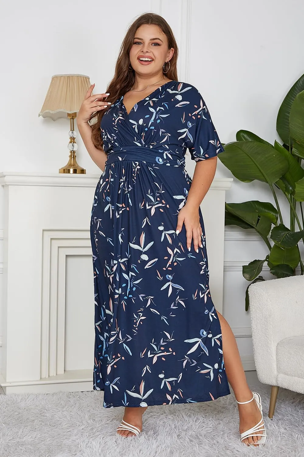 Keluummi Plus Size Wedding Guest Maxi Dress for Curvy Women, Summer Casual Floral Empire Waist 3/4 Sleeve Long Cocktail Dress