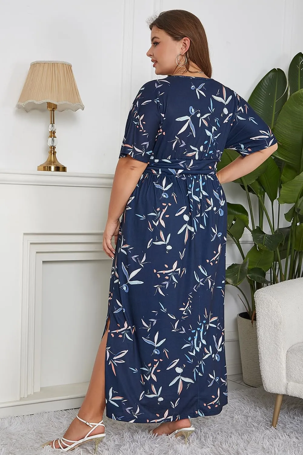 Keluummi Plus Size Wedding Guest Maxi Dress for Curvy Women, Summer Casual Floral Empire Waist 3/4 Sleeve Long Cocktail Dress