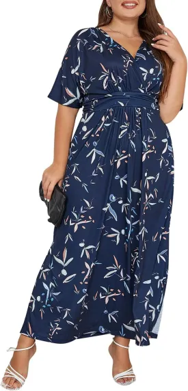 Keluummi Plus Size Wedding Guest Maxi Dress for Curvy Women, Summer Casual Floral Empire Waist 3/4 Sleeve Long Cocktail Dress