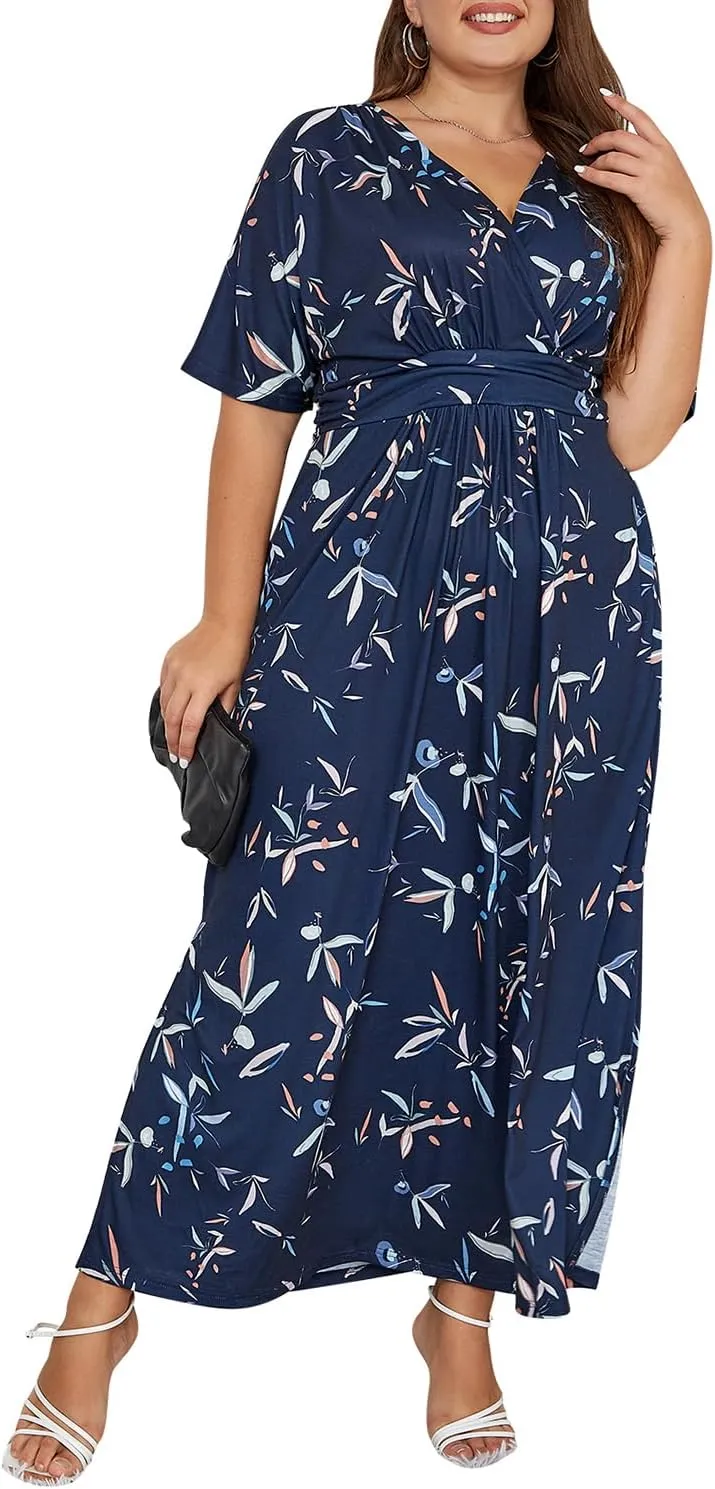 Keluummi Plus Size Wedding Guest Maxi Dress for Curvy Women, Summer Casual Floral Empire Waist 3/4 Sleeve Long Cocktail Dress