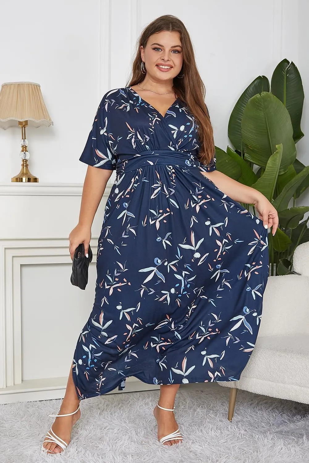 Keluummi Plus Size Wedding Guest Maxi Dress for Curvy Women, Summer Casual Floral Empire Waist 3/4 Sleeve Long Cocktail Dress