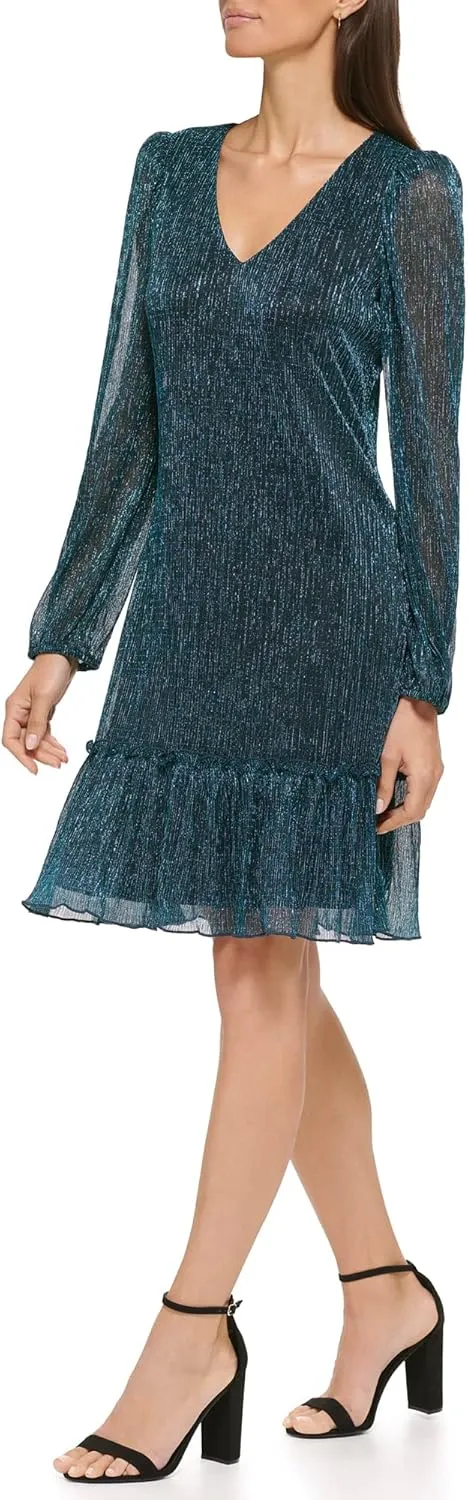 kensie Women's Balloon Sleeve Ruffle Hem Mini Dress