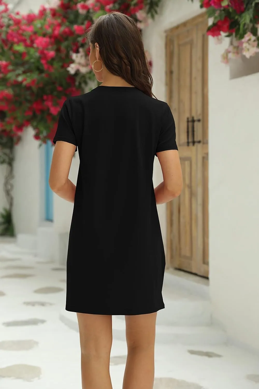 Ladiyo Women T Shirt Dress Summer Fashion Mini Dress Crew Neck Short Sleeve Dress Solid Color Casual Dress with Pocket