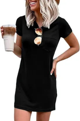 Ladiyo Women T Shirt Dress Summer Fashion Mini Dress Crew Neck Short Sleeve Dress Solid Color Casual Dress with Pocket