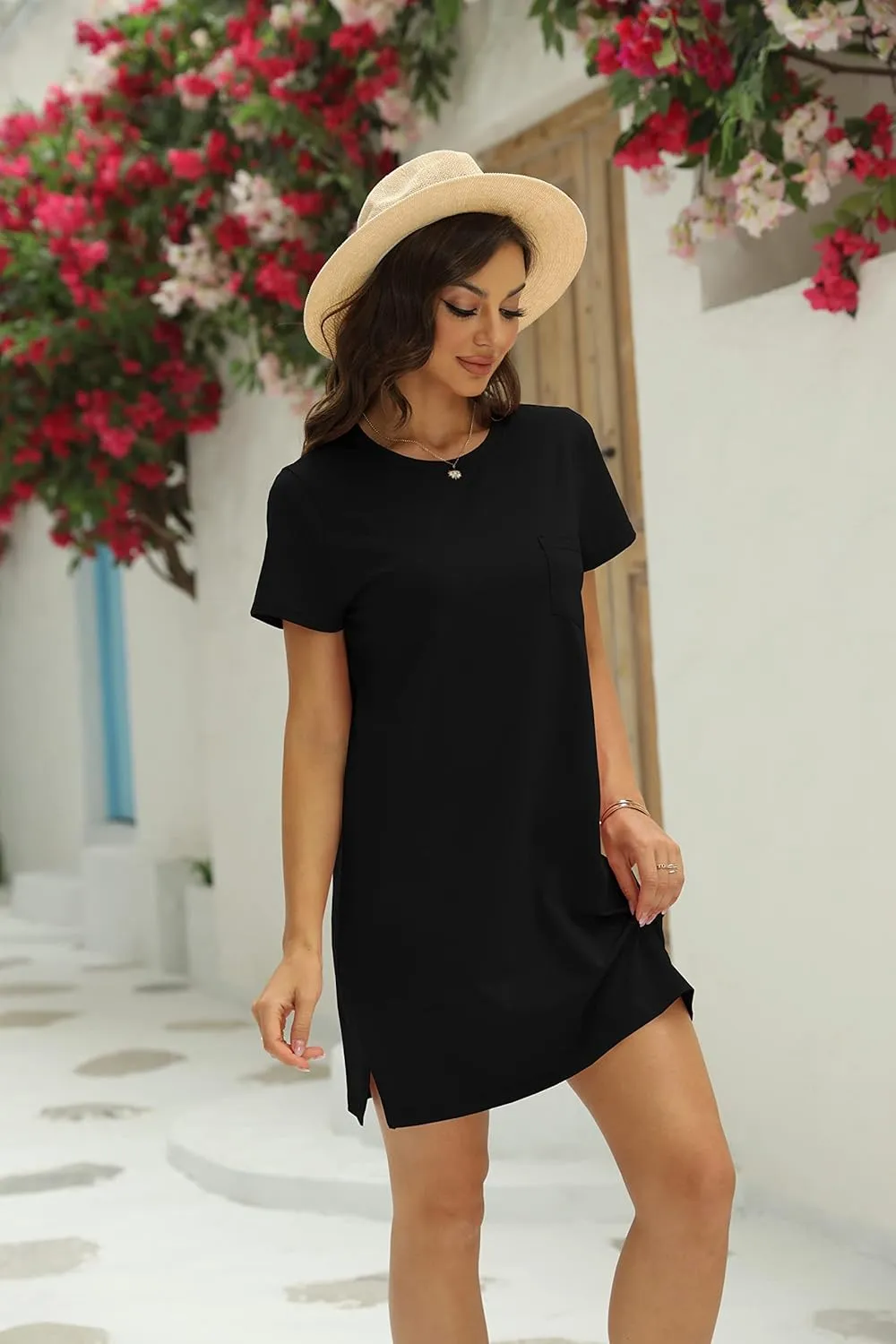 Ladiyo Women T Shirt Dress Summer Fashion Mini Dress Crew Neck Short Sleeve Dress Solid Color Casual Dress with Pocket