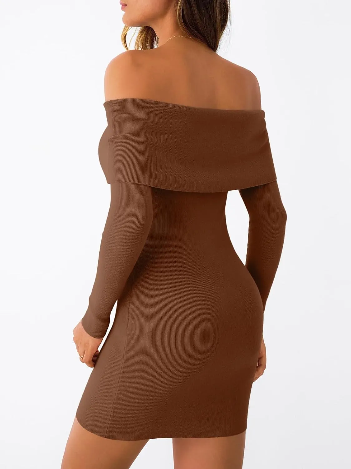 LILLUSORY Womens Folded Neck Off Shoulder Long Sleeve Mini Going Out Bodycon Pullover Sweater Dress 2025