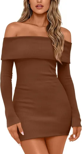 LILLUSORY Womens Folded Neck Off Shoulder Long Sleeve Mini Going Out Bodycon Pullover Sweater Dress 2025