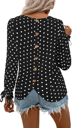 LOLONG Womens Tops 2024 Fall Long Sleeve Crew Neck Print Work Chiffon Blouses Dressy Casual with Back Button Closure