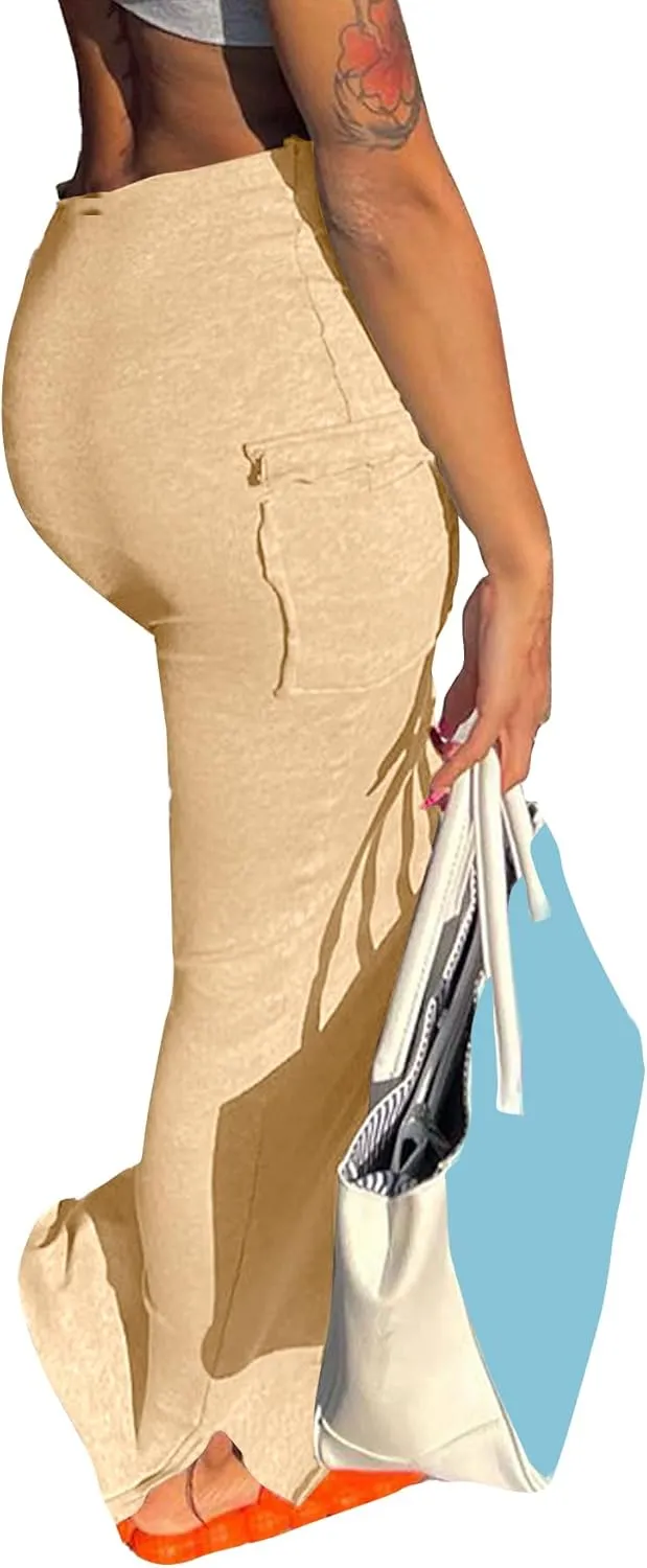 LYANER Women's High Waist Ruched Split Solid Pencil Long Maxi Skirt with Flap Pockets