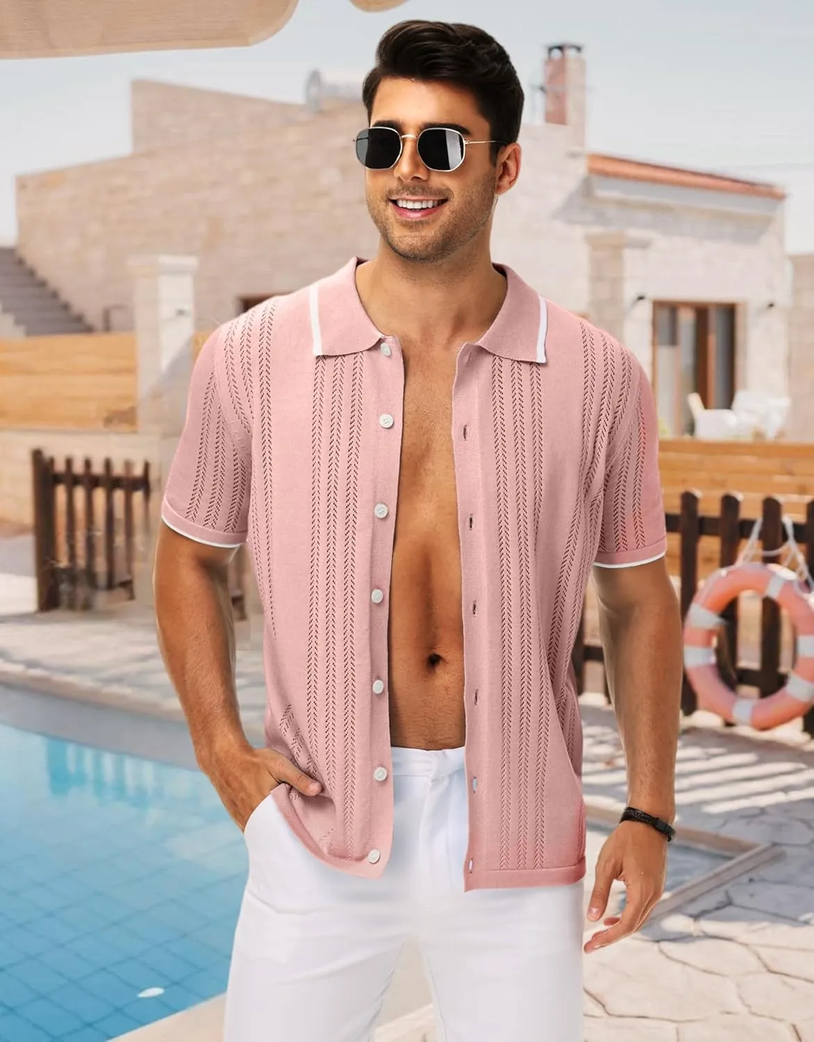 MAPICK Men's Button Down Polo Shirt Casual Short Sleeve Knit Shirt Summer Vacation Beach Clothes