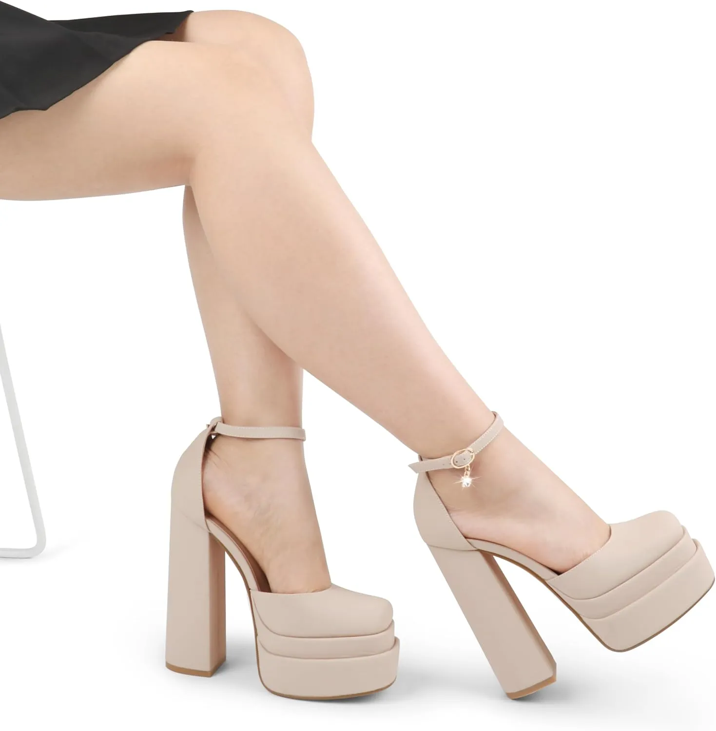 MERUMOTE Womens Sexy High Heels Platforms Pumps Square Toe Chunky Block Heels Rhinestone Party Shoes