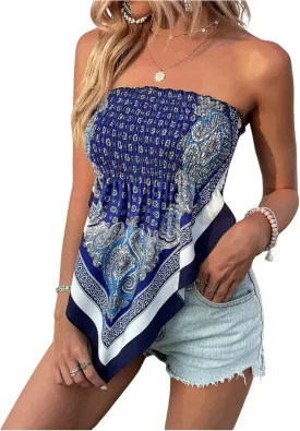 Milumia Women's Boho Paisley Print Tube Top Strapless Smocked Asymmetrical Hem Tops