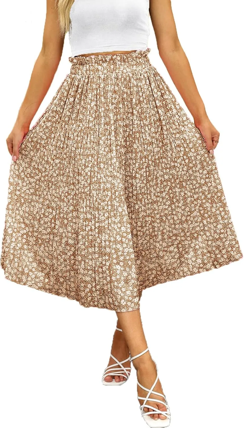 Naggoo Women's Skirts High Elastic Waisted Casual Skirt Pleated Floral/Solid Midi Skirts with Pockets