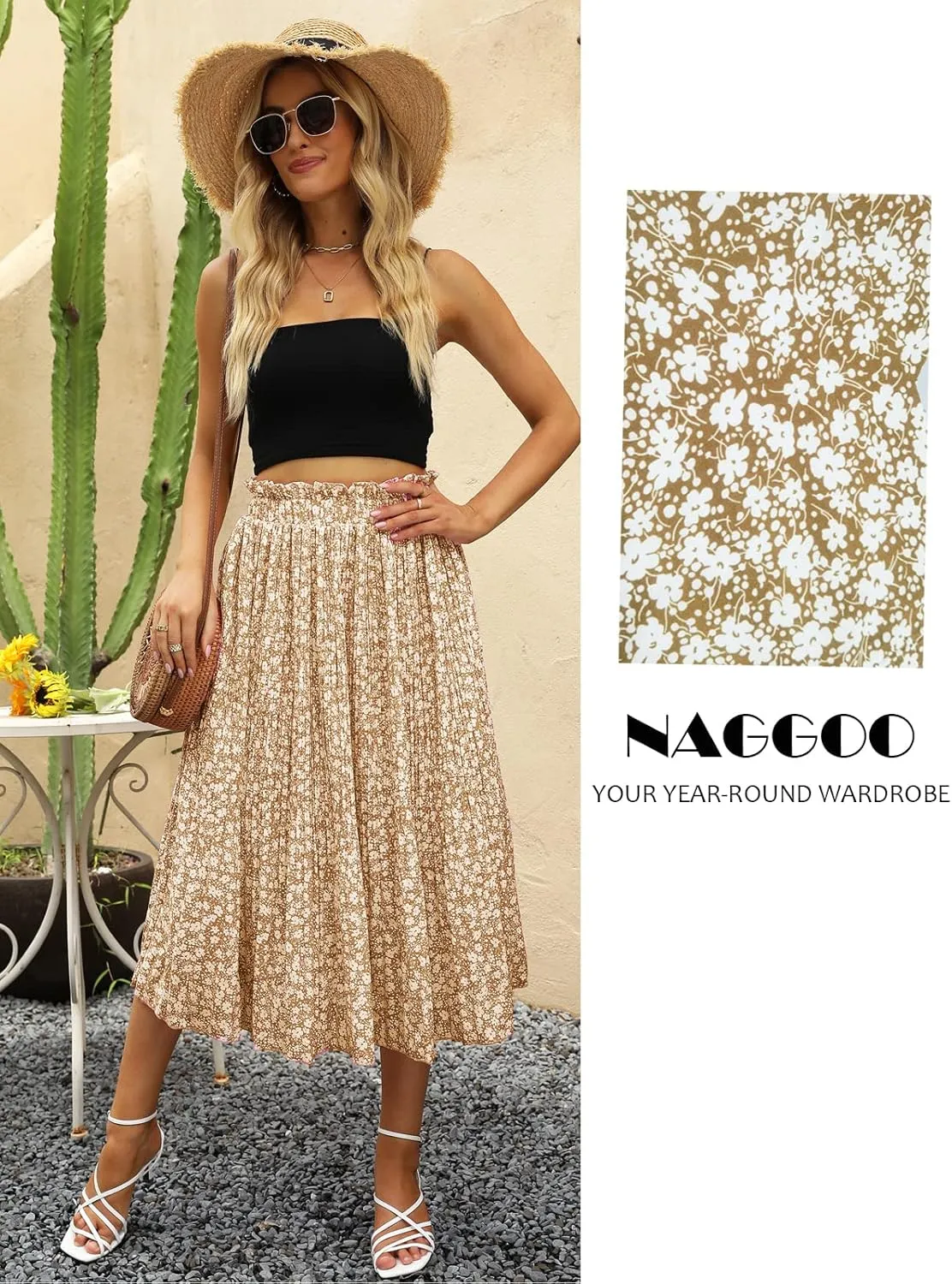 Naggoo Women's Skirts High Elastic Waisted Casual Skirt Pleated Floral/Solid Midi Skirts with Pockets