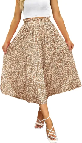 Naggoo Women's Skirts High Elastic Waisted Casual Skirt Pleated Floral/Solid Midi Skirts with Pockets
