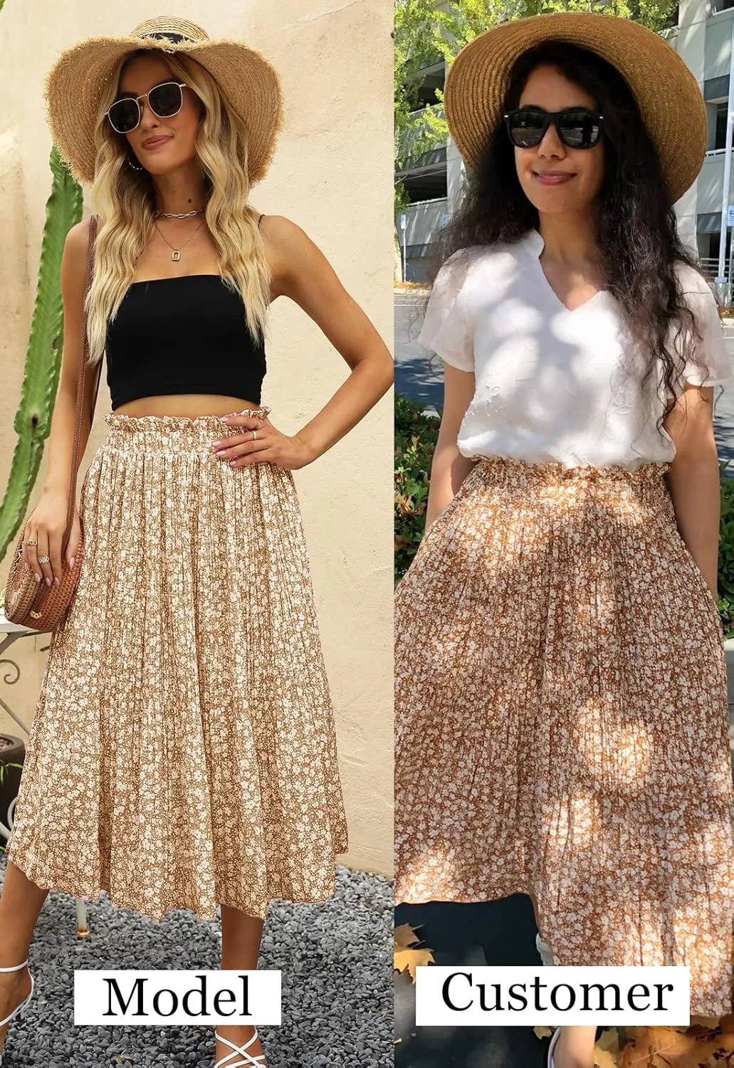 Naggoo Women's Skirts High Elastic Waisted Casual Skirt Pleated Floral/Solid Midi Skirts with Pockets
