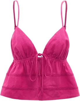 OYOANGLE Women's Spaghetti Strap Deep V Neck Crop Cami Tops Tie Front Sleeveless Peplum Top