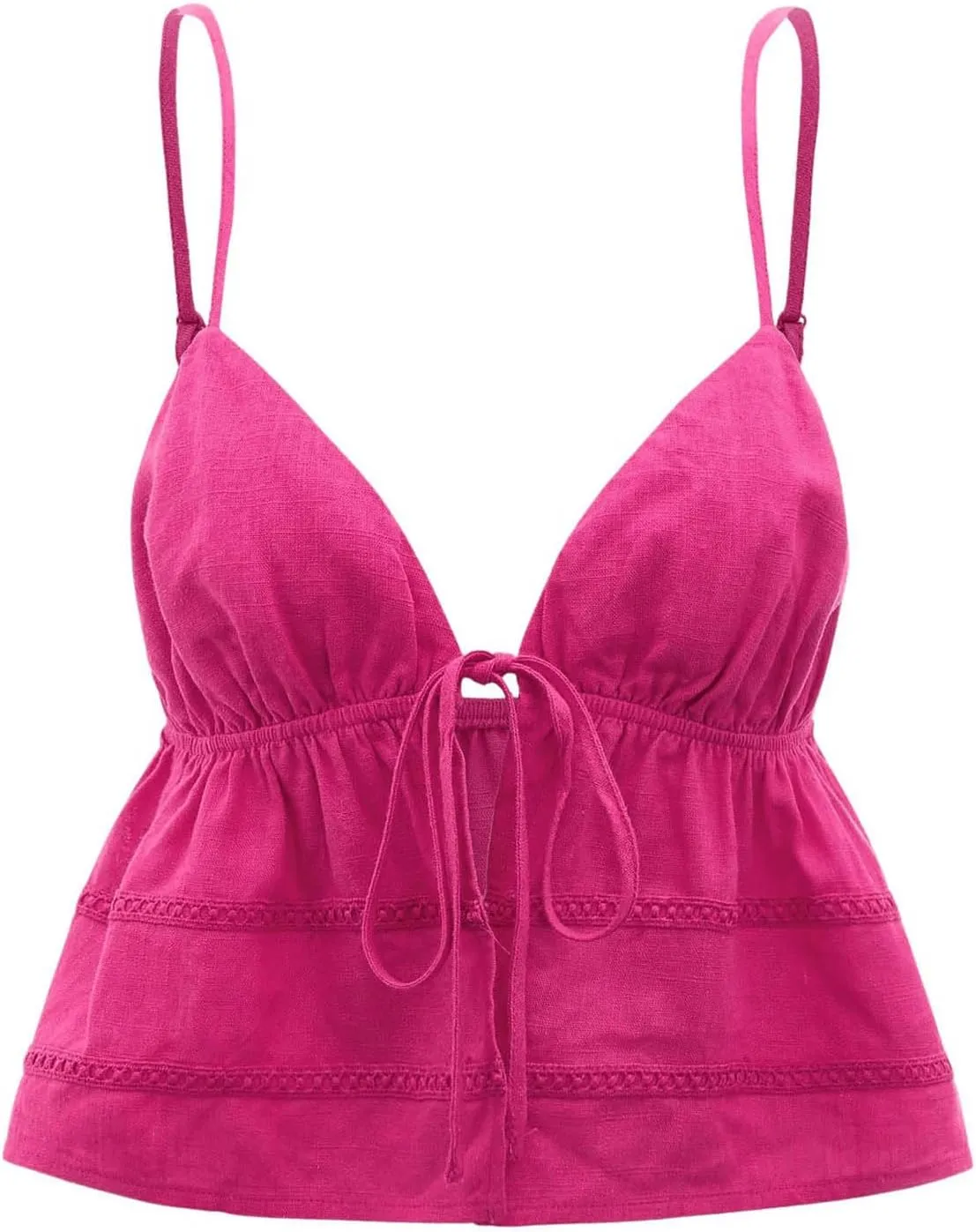 OYOANGLE Women's Spaghetti Strap Deep V Neck Crop Cami Tops Tie Front Sleeveless Peplum Top