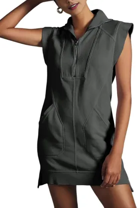 Qiaomai Womens Half Zip Sweatshirt Dresses Summer V Neck Sleeveless Pullover Tunic Tops Mini Dress